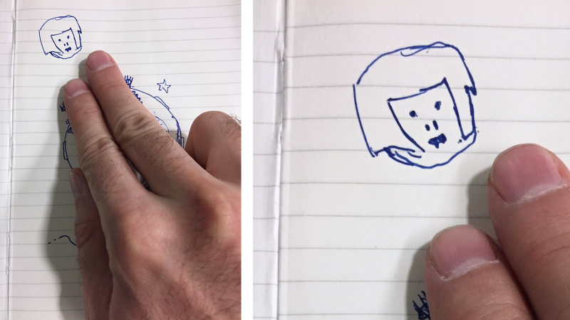 To document the evolution of the sketch, I took a photo after each addition. Or at least that was the plan. I forgot to do it after Roberts drew his orc head, so this photo was taken after the next contributor, my hand covering up the next person’s addition.